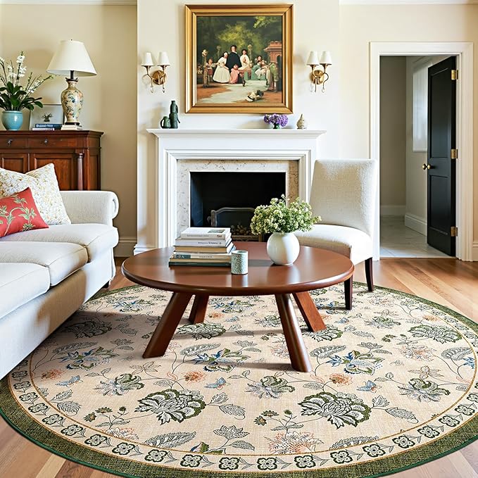 jinchan Elora 8ft Floral Round Rug for Washable Living Room Rug Vintage Romance Christmas Design Non Slip Indoor Floor Cover Lightweight Low-Profile Throw Carpet for Porch Patio, Green/Beige