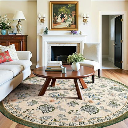 jinchan Elora 7ft Floral Round Rug for Washable Living Room Rug Vintage Romance Christmas Design Non Slip Indoor Floor Cover Lightweight Low-Profile Throw Carpet for Porch Patio, Green/Beige