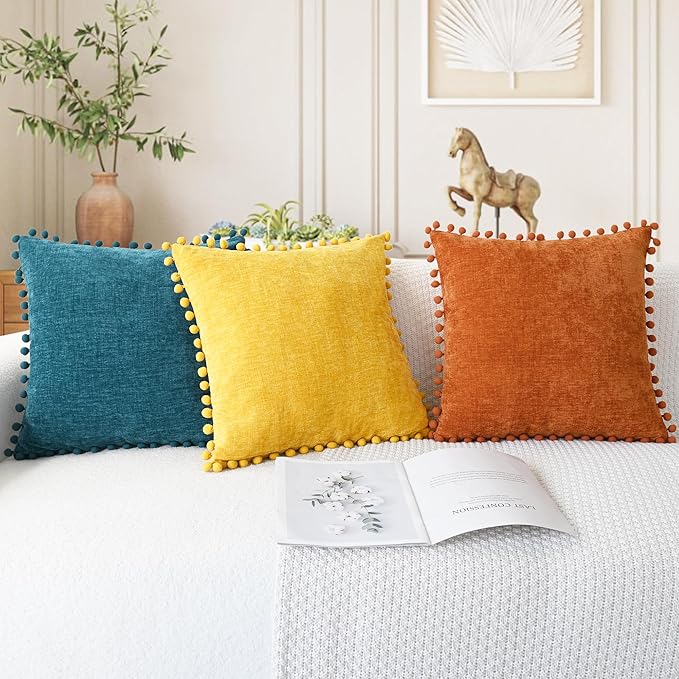 CaliTime Throw Pillow Covers Decorative 22 X 22 Inches Pack of 2 Cozy Solid Dyed Soft Chenille Cushion Cases with Pom Poms for Couch Sofa Bed Living Room Home Mustard Yellow
