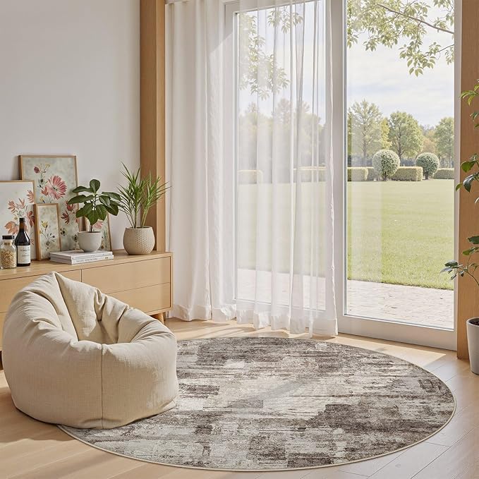 Abstract Living Room Rug 9x9 - Modern Washable Soft Thin Area Rug for Living Room Bedroom Under Dining Table - Neutral Indoor Floor Rug Carpets for Home Office Playroom Nursery - Brown
