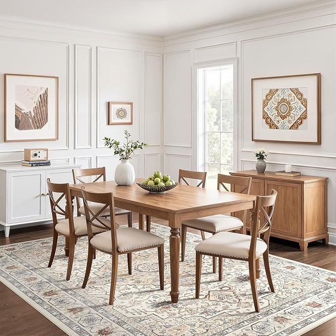 10x12 Area Rug Living Room: Washable Boho Large Neutral Vintage Soft Rugs Stain Resistant Farmhouse Non Slip Indoor Floor Carpet for Bedroom Nursery Kids Playroom Office Dining Room- Cream Blue