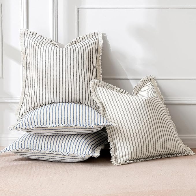 MIULEE Pack of 2 Black Pillow Covers 26x26 Inch Striped Farmhouse Couch Throw Pillow Covers with Fringe Chic Linen Decorative Cushion Eruo Sham for Sofa Living Room Bed Outdoor Home Decor