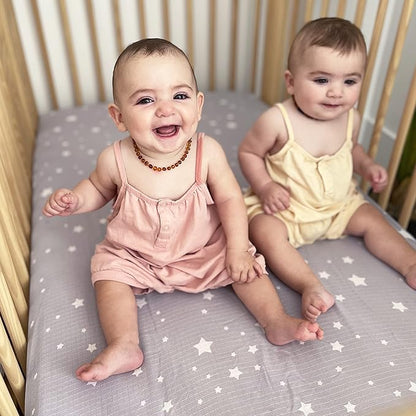Newton Baby Fitted Mini Crib Sheets (2-Pack) | Organic Muslin Cotton, Breathable & Soft Baby Sheets, Washable Baby Mattress Sheets, Fits Any Mini Sized Crib 24" x 38", Stardust Twilight Grey + White
