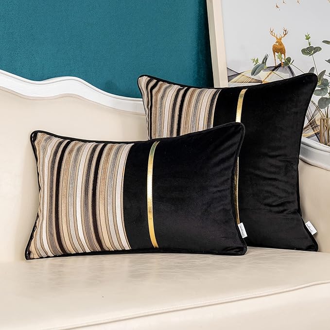 Yangest Black Striped Patchwork Throw Pillow Cover Gold Leather Cushion Cover Zippered Pillowcase for Sofa Couch Bedroom Living Room Home Decoration,18x18 Inch