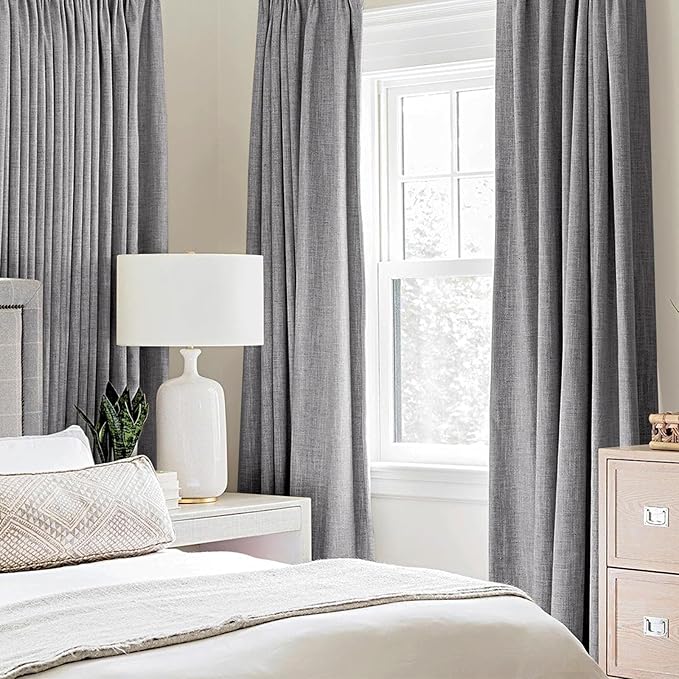 MIULEE Linen Texture Curtains for Bedroom Solid 100% Blackout Thermal Insulated Grey Curtains Grommet Room Darkening Drapes Luxury Decor for Living Room Nursery 52x54 Inch (2 Panels)