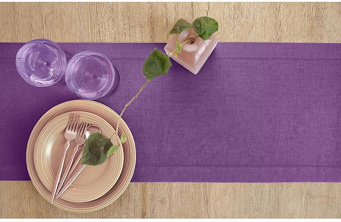 Solino Home Linen Purple Table Runner 156 Inches Long - 100% Pure Linen Extra Long Table Runner 14 x 156 Inch for Christmas, New Year - Classic Hemstitch