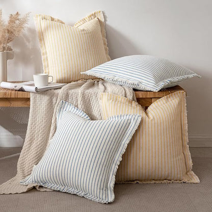 MIULEE Pack of 2 Light Blue Pillow Covers 18x18 Inch Striped Farmhouse Couch Spring Throw Pillow Covers with Fringe Chic Cotton Decorative Cushion Covers for Sofa Living Room Bed Outdoor Home Decor