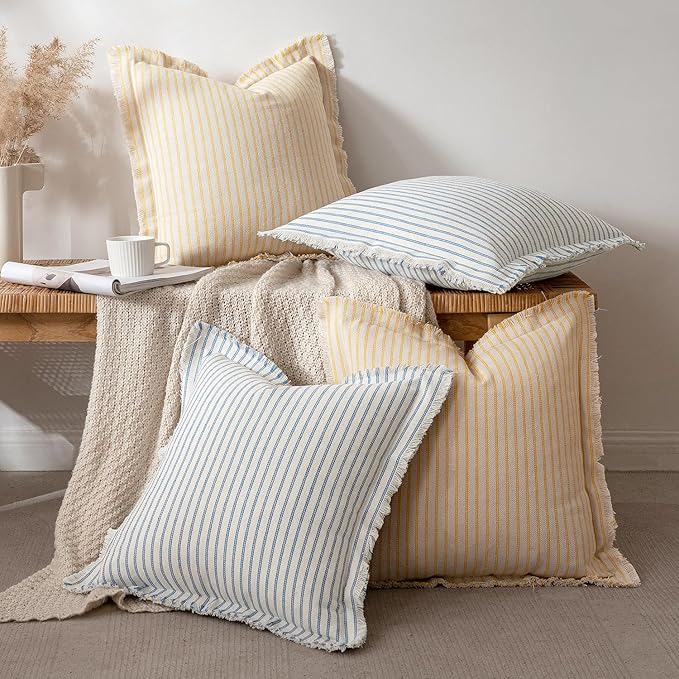MIULEE Pack of 2 Yellow Pillow Covers 18x18 Inch Striped Farmhouse Couch Throw Pillow Covers with Fringe Chic Cotton Decorative Cushion Covers for Summer Sofa Living Room Bed Outdoor Home Decor