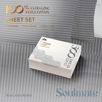 Mayfair Linen 100% Cotton Striped Sheets Full Size Bed Set - 500 Thread Count Damask Sheets Full Size 4 PC Set (Dark Grey Stripe), Soft, Cooling, Sateen Weave Hotel-Quality 16" Deep Pocket Bedsheet