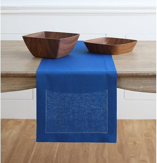 Solino Home Linen Royal Blue Table Runner 132 Inches Long - 100% Pure Linen Extra Long Table Runner 14 x 132 Inch for Christmas, New Year - Classic Hemstitch