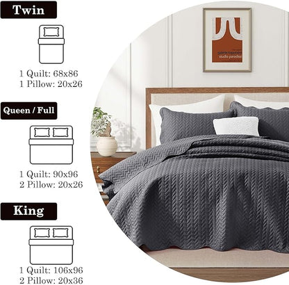 IR Imperial Rooms King Quilt Bedding Set Size (106" x 96") + 2 Pillow Shams (20" x 36"+ 2") - 3 Pcs All Season Lightweight Reversible Microfiber Coverlet Embossed Quilt Bedspread (Charcoal)