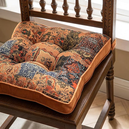 vctops Boho Paisley Chair Cushions with Ties Patchwork Square Soft Cozy Cotton Linen Chair Pads Non Slip Seat Cushions for Indoor Dining Room and Kitchen Chairs (Orange,16"x16")
