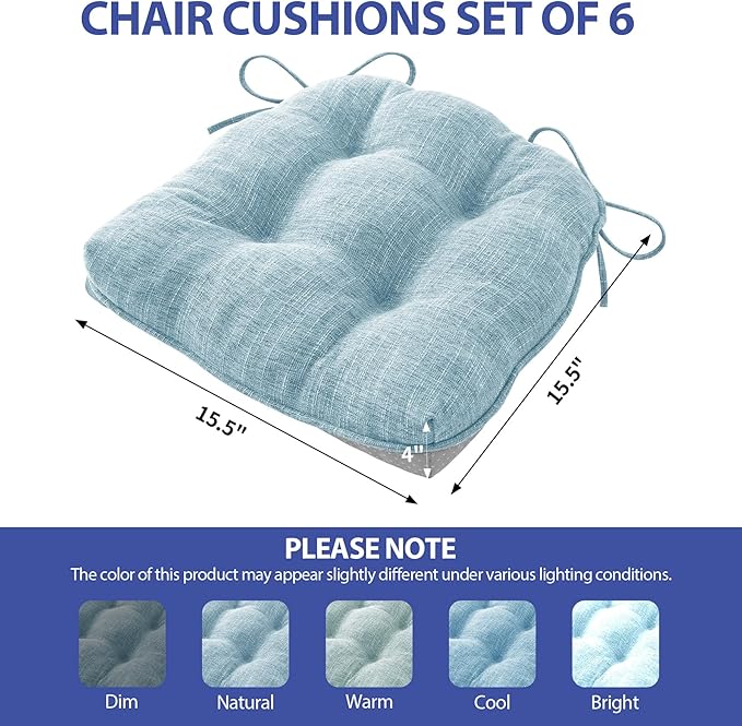 Chair Cushions for Dining Chairs Set of 6, Kitchen Chair Cushions, Chair Pads with Ties and Non Slip Backing, Tufted Memory Foam Seat Cushion 6 Pack, 15.5" x 15.5" x 4", Baby Blue