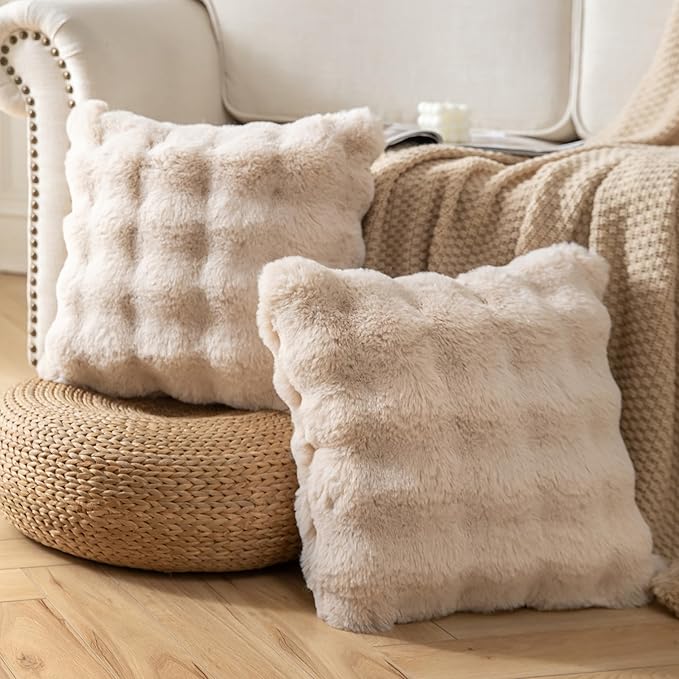 Pack of 2 Thick Plush Throw Pillow Covers Fluffy Wave Faux Fur Decorative Cushion Covers Soft Wool Pillowcase for Sofa Couch Livingroom 26x26 Inch Beige