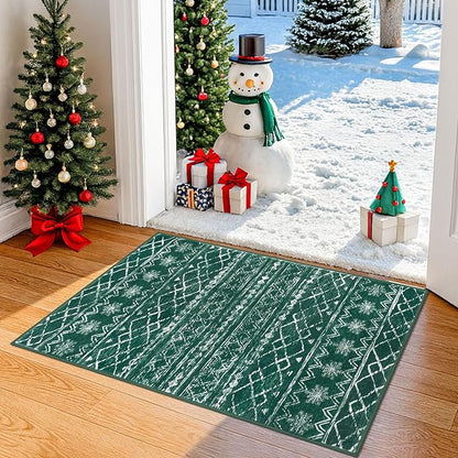 KUTA Christmas Rugs for Entryway, Green 2x3 Entrance Small Area Rug Non-Slip Washable, Ultra Soft Vintage Geometric Low-Pile Indoor Door Mat Floor Carpet for Kitchen