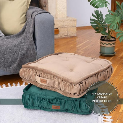 Square Large Floor Cushion, Floor Pillow Thick Floor Seating, Comfortable Supportive, Quilted Soft Booster Seat Pad for Yoga Meditation, Yoga Pillow, Cat and Dog Bed, 56 cm 22 inch Green