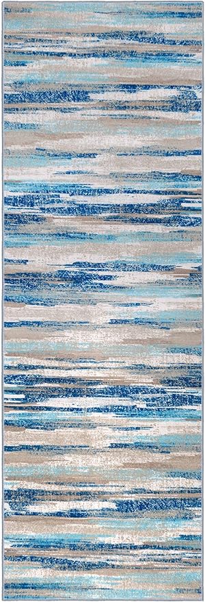 Modern Abstract Runner Rug 2x12, Blue Washable Long Kitchen Runner Non-Slip Soft Hallway Rug Runner Thin Print Faux Wool Carpet for Entryway Bedroom Laundry Room Indoor Home Decor