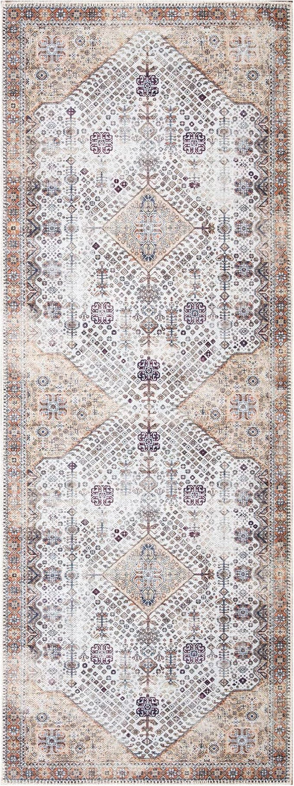Bloom Rugs Washable Non-Slip 12 ft Runner - Sand/Orange/Purple Traditional Medallion Runner for Entryway, Hallway, Bathroom, and Kitchen - Exact Size: 2.5' x 12'
