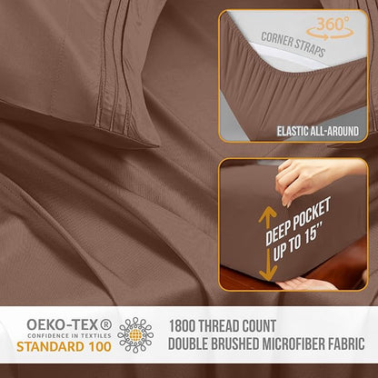 Full Size Bed Sheets Cooling - Luxury Hotel Sheet Set - Soft Sheets with Elastic Corner Straps - Deep Pocket Microfiber Bedsheets - Bedding Sheet & Pillowcases - 4 PC (Full Size, Brown)
