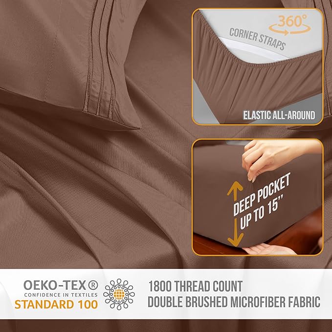 California King Sheet Sets - Luxury Hotel Bed Sheets - Soft Cooling Sheets with Elastic Corner Straps - Deep Pockets Microfiber - Bedding Sheet & Pillowcases - 4 PC (Cal King Size, Brown)