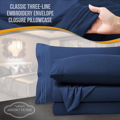 King Size Sheets Set Cooling - Luxury Hotel Sheets - Soft Bed Sheet with Elastic Corner Straps - Deep Pockets Microfiber Bedsheet - Bedding Sheet & Pillowcases - 4 PC (King, Navy Blue)
