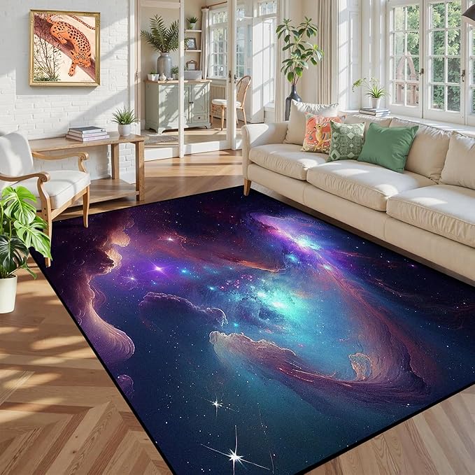 5' X 7' Galaxy Area Rug Bedroom Living Room for Girls Kids Boys Carpet Nebula Vortex Throw Rugs Purple Blue Cloud Floor Mat