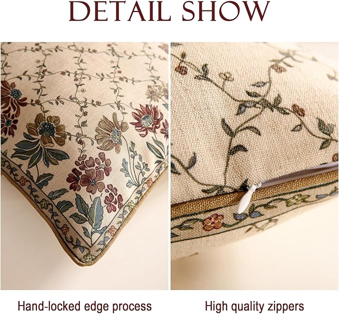 patdrea Designer Throw Pillow Covers,Square Euro Retro Style Light Brown Linen with Floral Pattern Pillow Cover,Decorative Pillowcases Cushion for Bed Living Room Outdoor Car,18"x18"