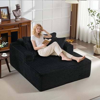 61" Oversized Chaise Lounge Chair Indoor, Boneless Couch Cloud Fluffy Chaise Lounges Corduroy Upholstered Sofa Bed w/Throw Pillows for Living Room Home Black