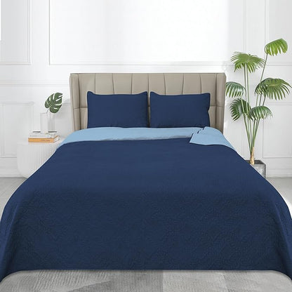 Easy-Going King Size Reversible Quilt Set with 1 Quilt and 2 Pillow Shams, Soft Bed Quilt Cover, Water Resistant Lightweight Microfiber Bedspread, Stain Resistant, Olive Leaf-Dark Blue/Light Blue