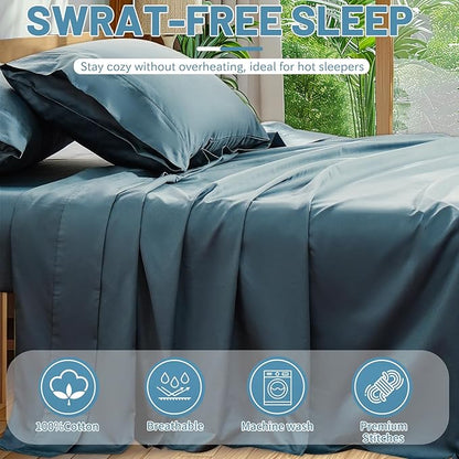 Extra Deep Pocket Queen Sheets 18-24 Inch 100% Egyptian Cotton 1000 Thread Count Sateen Weave Soft Breathable 4 Pieces（Queen,Lake Blue）