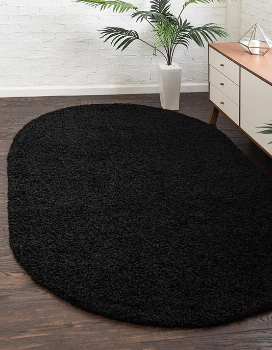 Unique Loom Solid Shag Collection Area Rug (5' 1" x 8' Oval, Jet Black)