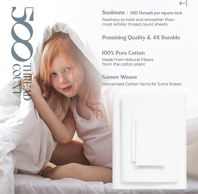 Mayfair Linen 100% Cotton Sheets Queen Size Bed Set - 500 Thread Count Sheets Queen Size 4 PC Set (White), Soft, Cooling, Hotel-Quality 16" Deep Pocket Cotton Bedsheet for Hot Sleepers