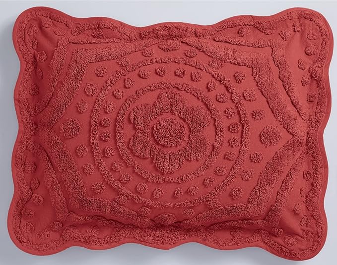 Montgomery Ward Decorative Cotton Sham, Scrolled Design, Luxurious Scallop Chenille Sham (Cinnabar and Gray, Standard)