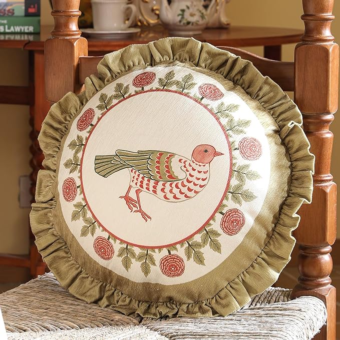 Round Throw Pillow Covers Pack of 2,Cozy Velvet Farmhouse with Bird and Floral Pattern Pillowcases,Decor Pillows Cushion Covers for Couch Sofa Bed Car Chair,Diameter 16"