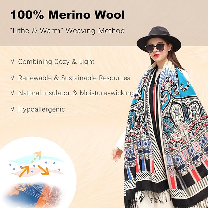 DANA XU 100% Merino Wool Pashmina Shawl for Women 96"x43", Oversized Cashmere Wrap with Tassels, Floral Travel Blanket Cape
