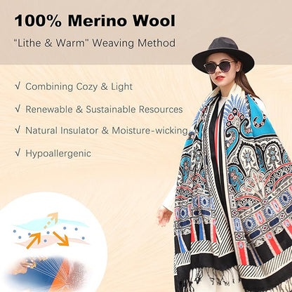DANA XU 100% Merino Wool Pashmina Shawl for Women 96"x43", Oversized Cashmere Wrap with Tassels, Floral Travel Blanket Cape