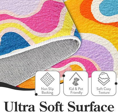 9CH Colorful Abstract Area Rug 7' X 5' 70s Aesthetic Colorful Striped Washable Faux Wool Rugs Non Slip Soft Cute Nursery Carpet for Girls Bedroom Dorm