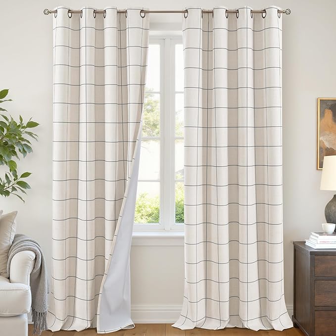 Plaid Patterned Curtains Thermal Insulated - 96 Inches Extra Long Total Linen Blackout Curtains for Living Room, Boho Drapery for Farmhouse Bedroom 52x96 Inch 2 Panels, Dark Grey