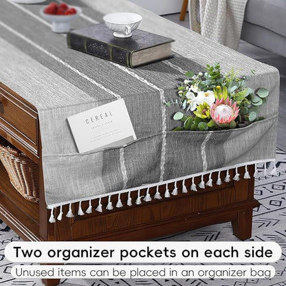 Coffee Table Cloth, Table Cover with Pockets and Tassel, Grey for Living Room Small Rectangle Tablecloths Washer Dryer Fridge Top Dust Cover,Easy Care Machine Washable