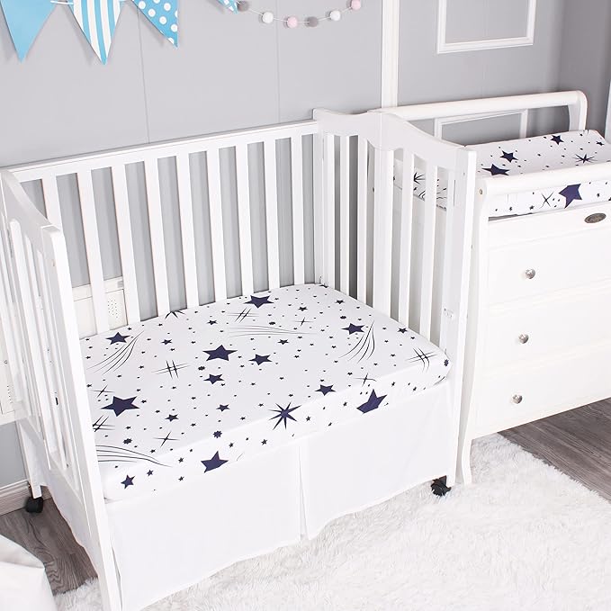 Belsden Pack of 3 Mini Crib Sheet Set, Pack N Play Sheet Set for Baby Boys and Girls, Cloudy Soft Touch and Machine Washable, Fitted Playard/Portable Crib Sheet, White Star & Navy & Navy Star