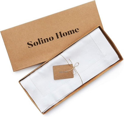Solino Home Linen White Table Runner 60 Inches - Classic Hemstitch, 100% Pure Linen Coffee Table Runner 14 x 60 Inch Ideal for Dresser Tables - Christmas, Holiday, New Year