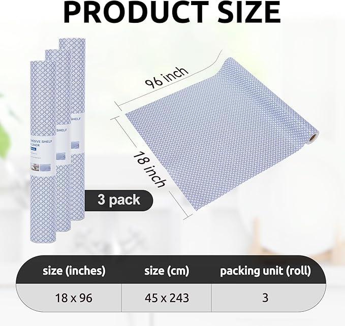 RAY STAR 18X96 Inch Shelf Liner for Kitchen Cabinets, Non-Adhesive Cabinet Liner Washable, PVC Drawer Liner for Dresser Non-Slip Bathroom (Blue Circle)(3 Roll)