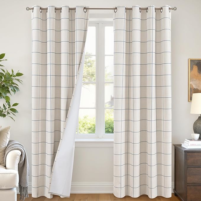 Navy Blue Linen Blackout Curtains for Living Room - Boho Plaid Pattern Thermal Insulated Grommet Cottage Core Window Treatments Rustic Drapes for Farmhouse, 52x84 Inch 2 Panels