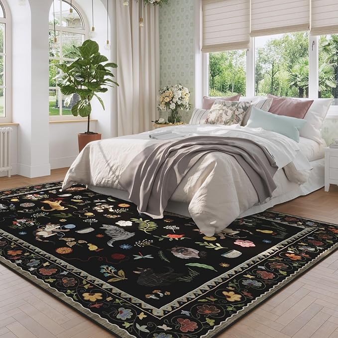 Rugcomf Area Rugs 8x10 Rug for Living Room Clearance Washable Boho Area Rug Non Slip Floral Animal Cat Vintage Low Pile Large Rug for Living Room Bedroom Farmhouse Dining Room Kids Playroom, Black