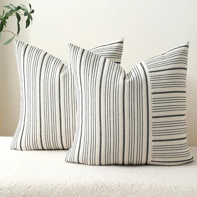 DWR Striped 3D Textured Weave Throw Pillow Covers 20x20 Set of 2, Polyester Cotton Blend in Black, Modern Farmhouse Decorative Pillow Cases for Couch Sofa Bed Living Room