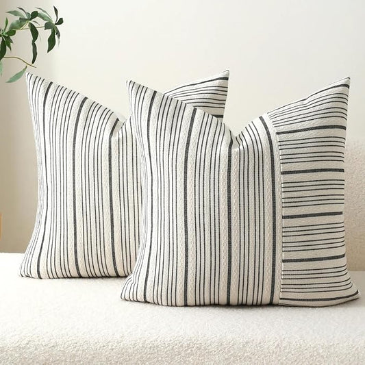 DWR Striped 3D Textured Weave Throw Pillow Covers 20x20 Set of 2, Polyester Cotton Blend in Black, Modern Farmhouse Decorative Pillow Cases for Couch Sofa Bed Living Room