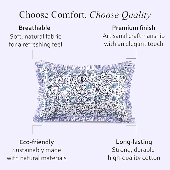 CPC Indigo Blue 100% Cotton Block Print Ruffle Sham Cover 20X30 inch Pack of 2, Handmade Boho Floral Pillowcase, Soft Decorative Queen Bed Pillow Cover for Bedroom Décor