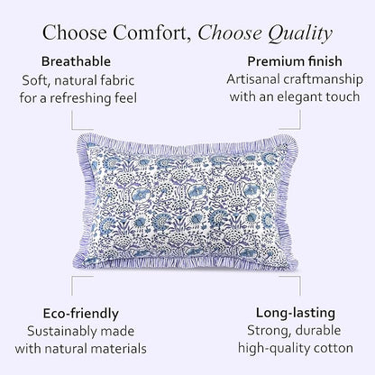 CPC Indigo Blue 100% Cotton Block Print Ruffle Sham Cover 20X36 inch Pack of 2, Handmade Boho Floral Pillowcase, Soft Decorative King Bed Pillow Cover for Bedroom Décor