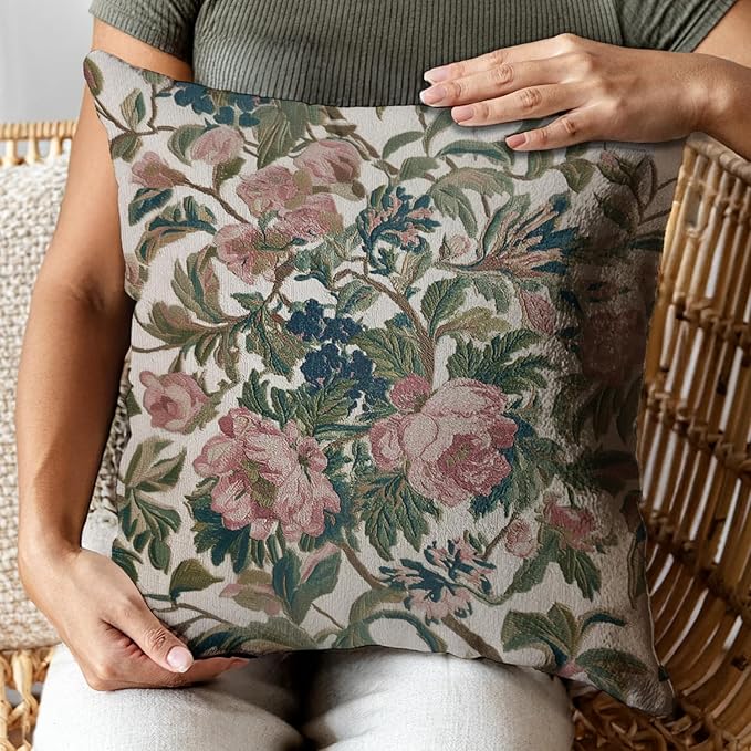 Vintage Floral Throw Pillow Covers, Vintage Flower Pattern Double Sided Cushion Cover, Indoor and Outdoor Home Art Decor Pillowcase for Sofa or Bedroom Decor 18x18inches (Green&Pink, 18x18inches)