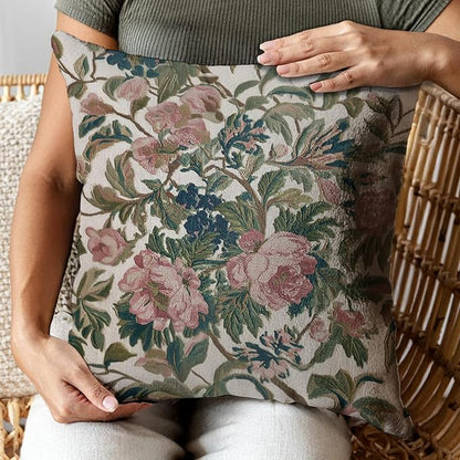 Vintage Floral Throw Pillow Covers, Vintage Flower Pattern Double Sided Cushion Cover, Indoor and Outdoor Home Art Decor Pillowcase for Sofa or Bedroom Decor 18x18inches (Green&Pink, 18x18inches)